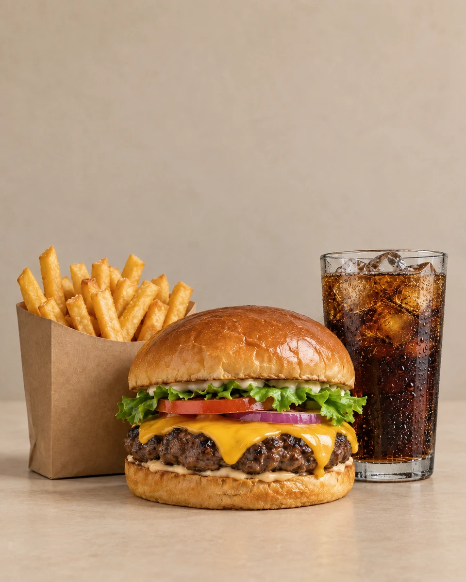 Exemplo ilustrativo de foto de hambúrguer, fritas e bebida sem arte