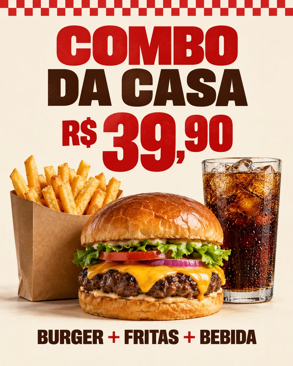 Exemplo de arte Combo da Casa com hambúrguer, fritas, bebida e preço